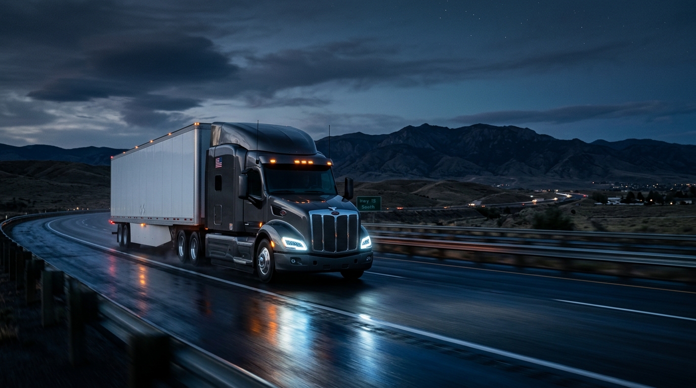 Peterbilt Semi-Truck Driving at Night