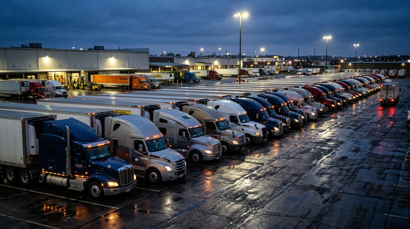 Commercial Semi-Truck Fleet Terminal at Twilight